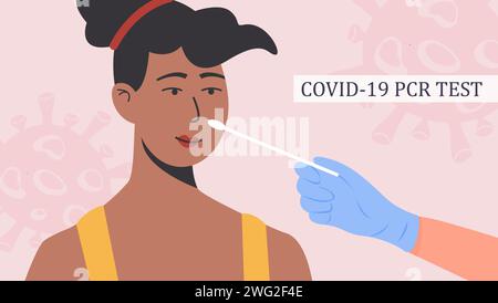 Un médecin ou une infirmière dans des gants en latex prend le test de prélèvement nasal. Test PCR Covid-19. Femme afro-américaine faisant le dépistage du coronavirus en clinique. Bannière vectorielle, Illustration de Vecteur