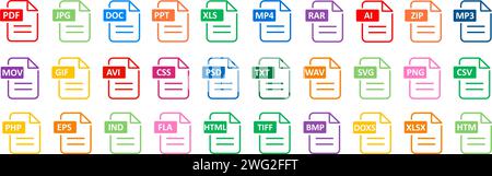 Icônes de format de fichier PDF définies. Informations sur le format, texte du document, téléchargement de fichier PDF, sécurité PDF pour la protection des documents Illustration de Vecteur