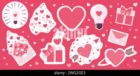 Ensemble d'autocollants Saint-Valentin. Vector Flat style romantique Collection. Design Art pour cartes, affiches, bannières. Coeur avec flèche, boîte cadeau, Love lette Illustration de Vecteur