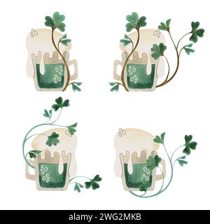 Ensemble de tasses en verre de ALE verte avec de la mousse élevée est enchevêtré avec du trèfle de trèfle de trèfle. Bière. Symbole de l'Irlande. St.Patrick's Day. ILLE D'aquarelle ISOL'EE Banque D'Images