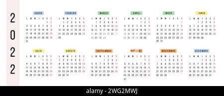 Calendrier horizontal espagnol 2022 année. La semaine calendaire Vector Stationery commence lundi. Organisateur annuel. Modèle de calendrier simple dans un design minimal. BU Illustration de Vecteur