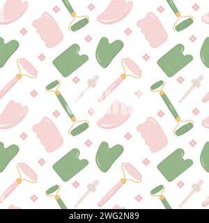 Modèle sans couture avec Rose Quartz Gua Sha et outil de massage grattant Jade. Grattoir rose naturel et rouleau de pierre vert dans différentes formes. Peau tendance Illustration de Vecteur