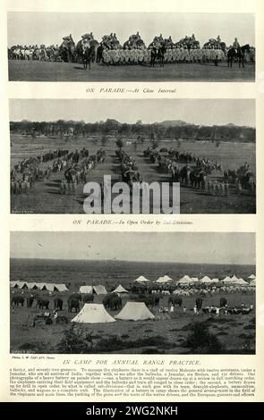 Image vintage des éléphants de la batterie d'artillerie lourde de l'armée indienne britannique, victorienne, histoire militaire des années 1890 19e siècle Banque D'Images