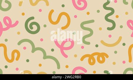 Fond de doodle coloré amusant. Motif abstrait minimaliste dessiné à la main sans couture avec des éléments mignons brillants. Tourbillons colorés aléatoires, faisceaux et points Illustration de Vecteur
