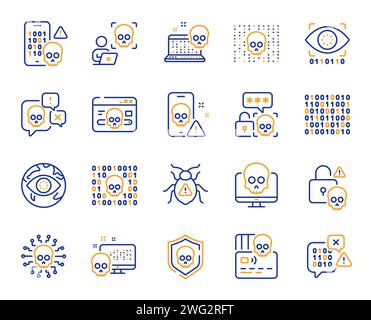 Icônes de ligne de cyber-attaque. Risque de phishing, ransomware de données et icônes de contour de code binaire. Vecteur Illustration de Vecteur