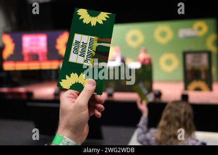 Neukieritzsch, Allemagne. 02 février 2024. Une carte de vote est tenue en altitude à la convention d'État des Verts saxons. La conférence de deux jours du parti se concentrera sur le programme des prochaines élections de l'État. Crédit : Sebastian Willnow/dpa/Alamy Live News Banque D'Images