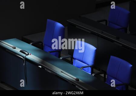 Symbolfoto Sitze der Abgeordneten im Deutscher Bundestag Symbolbild, Themenbild, Plenarsaal und Sitzplaetze BEI einer Sitzung des Deutschen Bundestag, Berlin, 02.02.2024 Berlin Deutschland *** symbole photo sièges des membres du Bundestag allemand symbole image, thème image, salle plénière et sièges à une session du Bundestag allemand, Berlin, Berlin, Allemagne 02 02 2024 Berlin Berlin Allemagne Banque D'Images