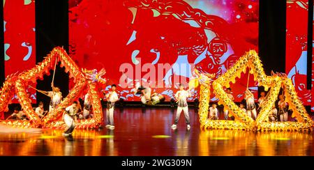 Handan, Chine. 02 février 2024. Des adolescents répètent un spectacle d'art martial sur le thème du dragon à Handan, dans la province du Hebei, en Chine, le 1 février 2024. (Photo Costfoto/NurPhoto) crédit : NurPhoto SRL/Alamy Live News Banque D'Images