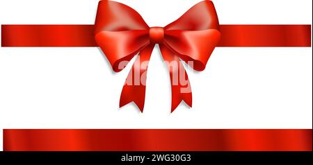 Ruban rouge Bow satin brillant réaliste avec ruban horizontal d'ombre pour décorer votre invitation de mariage Illustration de Vecteur