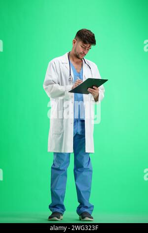 Le médecin, en pleine hauteur, sur fond vert, écrit Banque D'Images