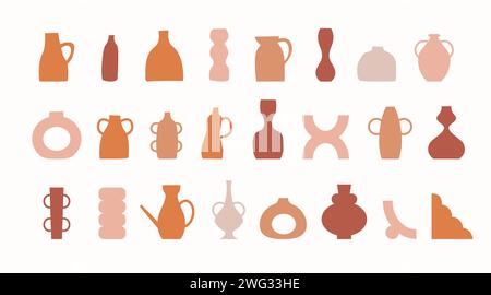 Collection de vases à la mode. Poterie céramique antique minimaliste pour l'intérieur. Ensemble de jags terreux et pots de fleurs en terre cuite pastel minimaliste colo Illustration de Vecteur