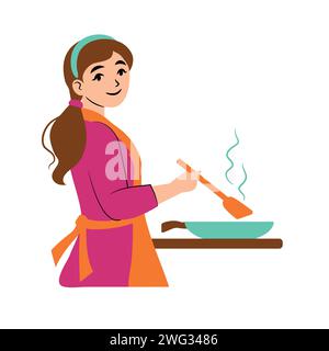 Fille heureuse cuisinant dans la cuisine avec poêle à frire Illustration de Vecteur