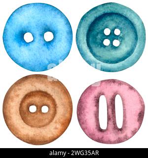 Boutons de couture aquarelle. Kit de couture, accessoires en bois et équipement de couture. Illustration d'aquarelle dessinée à la main sur fond isolé. Banque D'Images