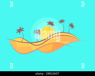 Paysage désertique avec palmiers et soleil isolé sur fond bleu. Dunes de sable du désert dans le style d'art de ligne avec des palmiers et le lever du soleil. Conception pour anse Illustration de Vecteur