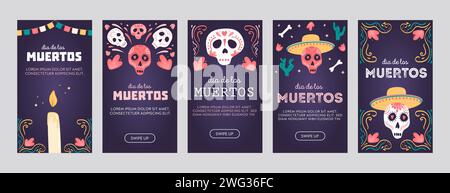 Ensemble d'affiches de médias sociaux ou de cartes verticales avec des crânes de sucre. Fête nationale mexicaine jour des morts. Modèles festifs pour Dia de los muertos dec Illustration de Vecteur