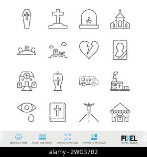 Icône de ligne vectorielle liée aux services funéraires isolée sur blanc. Design pixel Perfect. Contour modifiable. Régler l'épaisseur de ligne. Développer à n'importe quelle taille. Changer Illustration de Vecteur