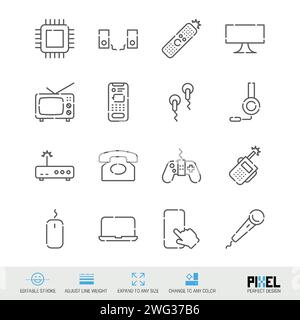 Gadgets, appareils électroniques associés à l'icône de ligne vectorielle définie isolé sur blanc. Design pixel Perfect. Contour modifiable. Régler l'épaisseur de ligne. Développez à n'importe quel s. Illustration de Vecteur
