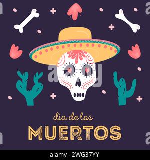 Carte carrée décorative avec crâne de sucre portant sombrero. Fête nationale mexicaine jour des morts. Modèle festif pour Dia de los muertos décoré Illustration de Vecteur