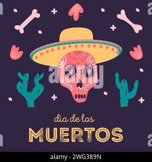 Carte carrée décorative avec crâne de sucre portant sombrero. Fête nationale mexicaine jour des morts. Modèle festif pour Dia de los muertos décoré Illustration de Vecteur