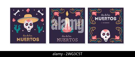 Ensemble de modèles de poste de médias sociaux ou des cartes carrées avec des crânes de sucre pour Dia de los muertos vacances. Fête nationale mexicaine des morts. Bannière festive Illustration de Vecteur