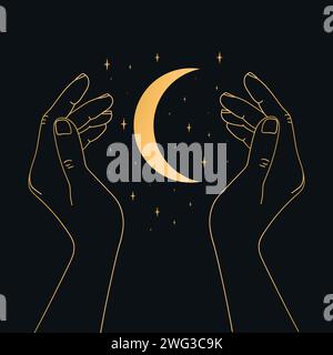 Mains de femme avec croissant de lune. Magie et sorcellerie. Illustration vectorielle Illustration de Vecteur