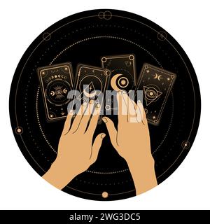 Raconter la fortune avec le symbolisme du Tarot. Mains de femme et cartes de tarot. Mystère, astrologie, ésotérique Illustration de Vecteur