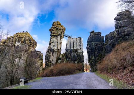 Die Externsteine, eine Sandstein Felsformtation, im Teutoburger Wald, BEI Horn-Bad Meinberg, Kreis Lippe, NRW, Deutschland, Externsteine *** l'Externsteine, une formation rocheuse de grès, dans la forêt de Teutoburg, près de Horn Bad Meinberg, district de Lippe, NRW, Allemagne, Externsteine Banque D'Images