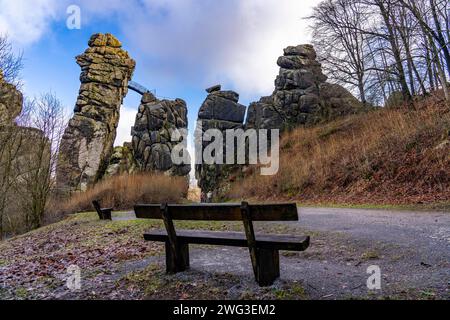 Die Externsteine, eine Sandstein Felsformtation, im Teutoburger Wald, BEI Horn-Bad Meinberg, Kreis Lippe, NRW, Deutschland, Externsteine *** l'Externsteine, une formation rocheuse de grès, dans la forêt de Teutoburg, près de Horn Bad Meinberg, district de Lippe, NRW, Allemagne, Externsteine Banque D'Images