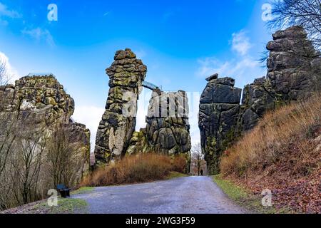 Die Externsteine, eine Sandstein Felsformtation, im Teutoburger Wald, BEI Horn-Bad Meinberg, Kreis Lippe, NRW, Deutschland, Externsteine *** l'Externsteine, une formation rocheuse de grès, dans la forêt de Teutoburg, près de Horn Bad Meinberg, district de Lippe, NRW, Allemagne, Externsteine Banque D'Images