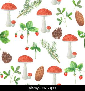 Motif sans couture avec champignons amanita, branches de pin, épicéa, fraises, cônes. Aquarelle illustration botanique dessinée à la main sur backgrou blanc Banque D'Images