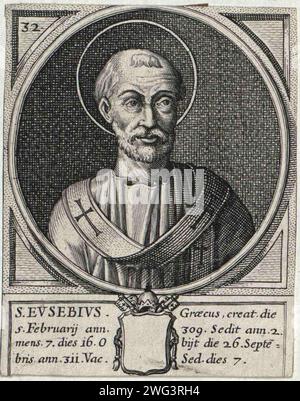 Gravure du 16e siècle du pape Eusebius qui fut pontife de AD309 à AD310. Il est le 31e pape et meurt en exil après avoir été banni par l'empereur Maxence. Banque D'Images