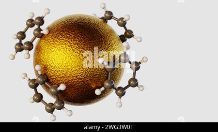 Rendu 3d des molécules de benzène conjugué de l'or (au) nanoparticules (NPS) sur le fond blanc Banque D'Images