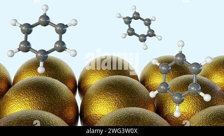 Rendu 3d des molécules de benzène conjugué de l'or (au) nanoparticules (NPS) sur le fond blanc Banque D'Images