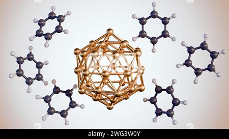 Rendu 3d des molécules de benzène conjugué de l'or (au) nanoparticules (NPS) sur le fond blanc Banque D'Images