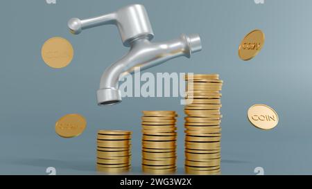 rendu 3d d'un robinet de style vintage avec une poignée et une pile de pièces de monnaie s'écoulant du bec Banque D'Images