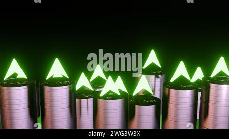 rendu 3d des pièces empilées et flèche verte incandescente planant au-dessus des pièces. La flèche pointe vers le haut. Banque D'Images