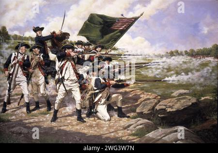 La peinture représente le régiment du Delaware à la bataille de long Island le 27 août 1776. Banque D'Images