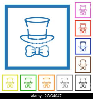 Chapeau haut de gamme et noeud papillon contour des icônes de couleur plate dans des cadres carrés sur fond blanc Illustration de Vecteur