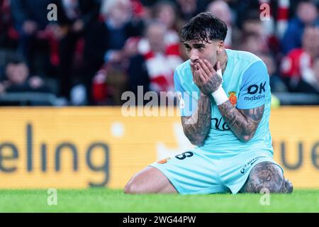 Bilbao, Espagne. 02 février 2024. Manu Morlanes du RCD Mallorca fait des gestes lors du match de la Liga EA Sports entre l'Athletic Club et le RCD Mallorca au stade San Mames de Bilbao. Score final : Athletic Club 4:0 RCD Mallorca (photo Francis Gonzalez/SOPA Images/Sipa USA) crédit : SIPA USA/Alamy Live News Banque D'Images