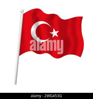 Drapeau de la Turquie sur mât ondulant dans le vent. Illustration isolée vectorielle de drapeau turc croissant blanc demi-lune et étoile sur fond rouge Illustration de Vecteur