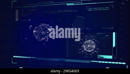 Image du globe, balayage de la portée et le traitement des données sur l'écran sur fond bleu Banque D'Images