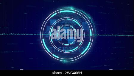 Image du balayage de l'oscilloscope et du traitement des données sur codage binaire sur fond bleu Banque D'Images