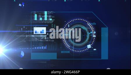 Image du balayage de l'oscilloscope et du traitement des données sur l'écran sur fond bleu Banque D'Images