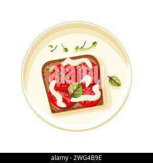 Croûton appétissant avec des morceaux de tomate et mayonnaise sur une assiette en porcelaine. Feuilles de laitue sur toast. Nourriture saine pour le dîner. Soins personnels. Illustration vectorielle Illustration de Vecteur