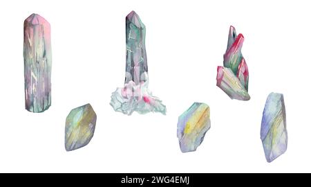 Illustration aquarelle dessinée à la main précieuse bijou semi-précieux pierre de naissance cristal chakra. Opale pierre de lune tourmaline. Ensemble d'objets isolés Banque D'Images