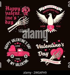 Ensemble de badge vintage Happy Valentines Day. Illustration vectorielle. Modèle pour carte de voeux de Saint Valentin, bannière, affiche, flyer avec église rouge Illustration de Vecteur