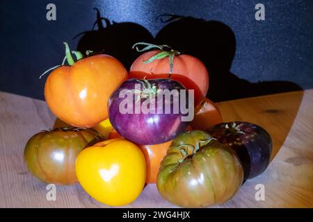 Une variété de tomates, y compris la tomate Purple Bay Banque D'Images