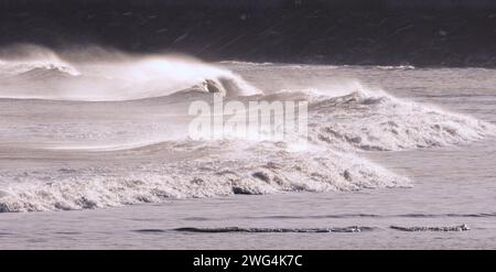 Les vagues brisantes s'écrasent sur la côte de North Bay à Scarborough. Les grosses rafales hivernales du nord remuent de grands rouleaux qui laissent des traînées de spray et d'épis. Banque D'Images