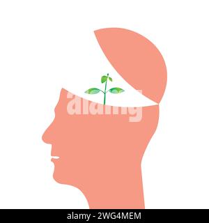 tête humaine avec une jeune plante poussant à partir du cerveau, concept de croissance de l'esprit, illustration vectorielle Illustration de Vecteur