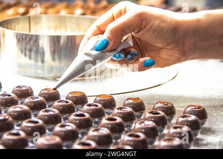 Chocolat et pralines dans des moules pralinés, chocolat DIY fabriqué à la maison à Vienne Banque D'Images